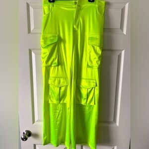 Satin Neon Wide Leg Cargo Pants
